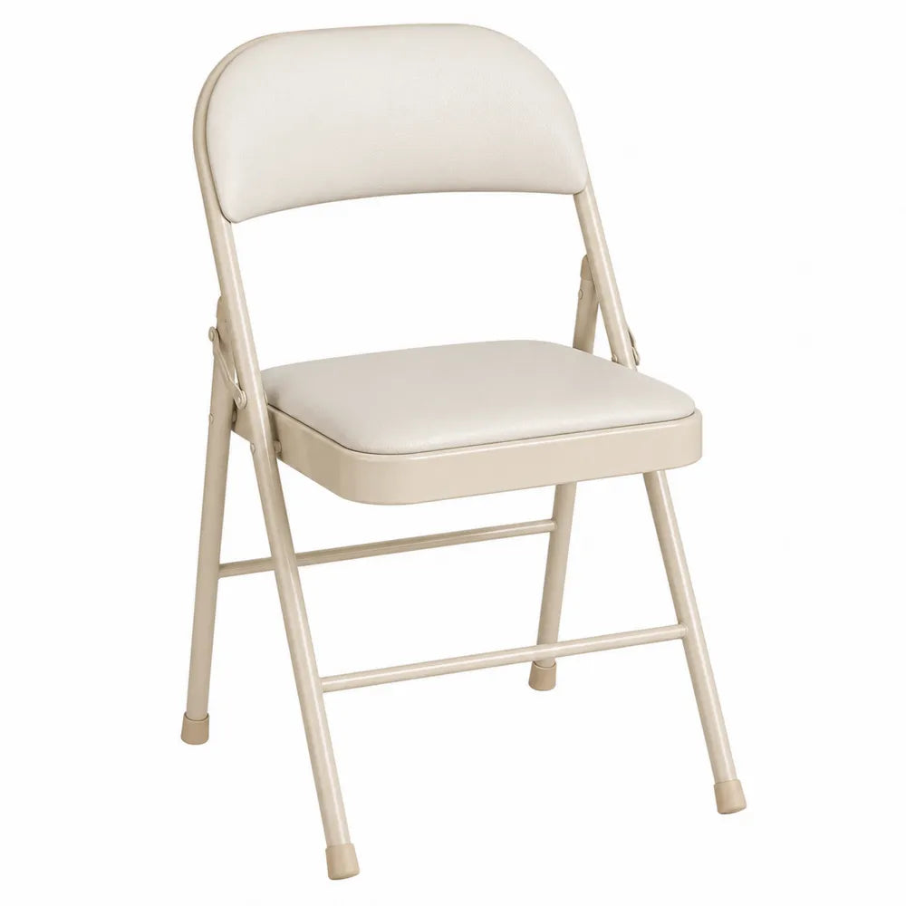 Silla plegable de metal beige con asiento acolchado de vinilo