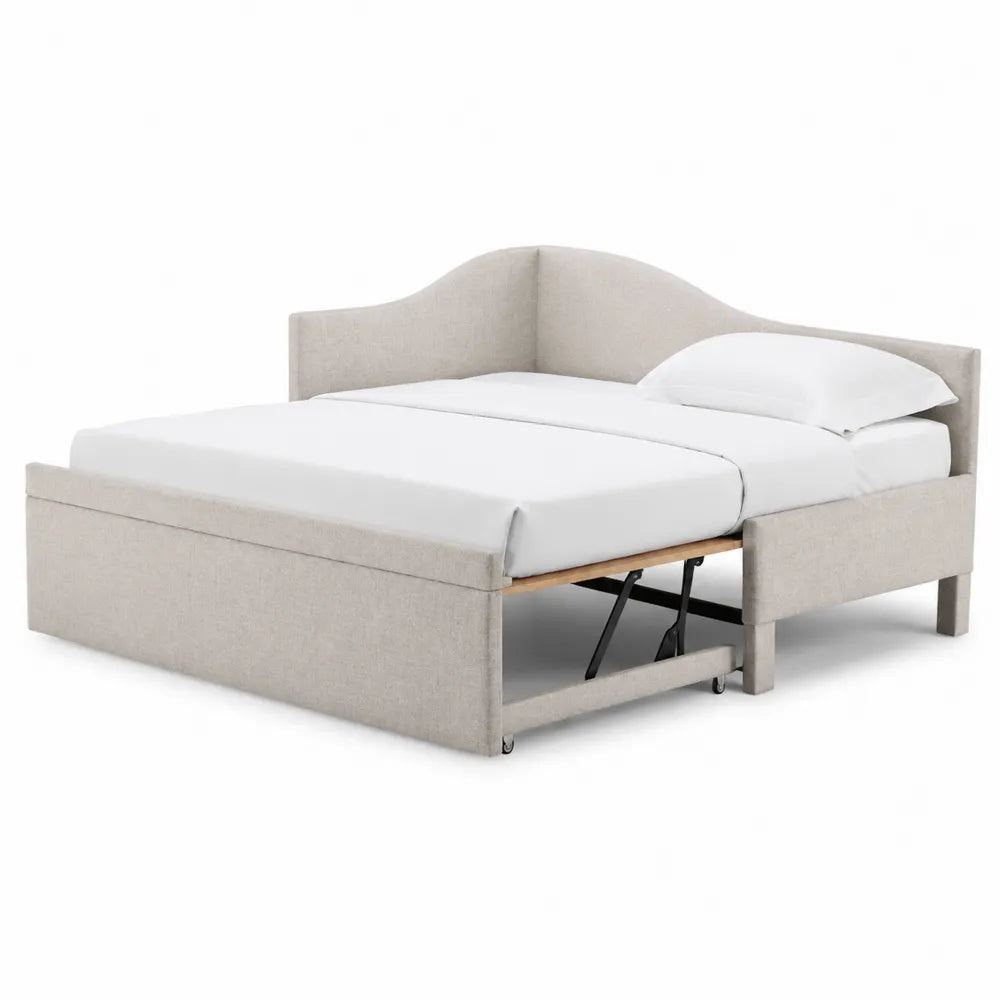 Cama nido de lino beige con paneles de madera y metal