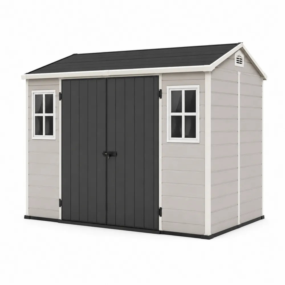 Cobertizo de almacenamiento exterior de plástico beige y gris 320x210x245 cm