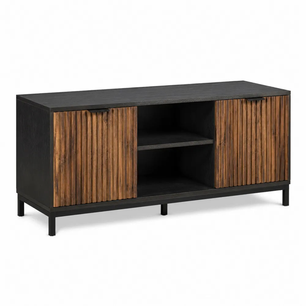 Mueble de TV de madera y metal con puertas de madera