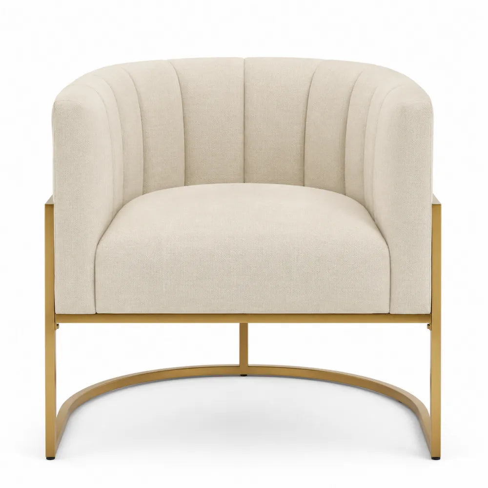 Silla de poliéster beige con estructura de metal dorado