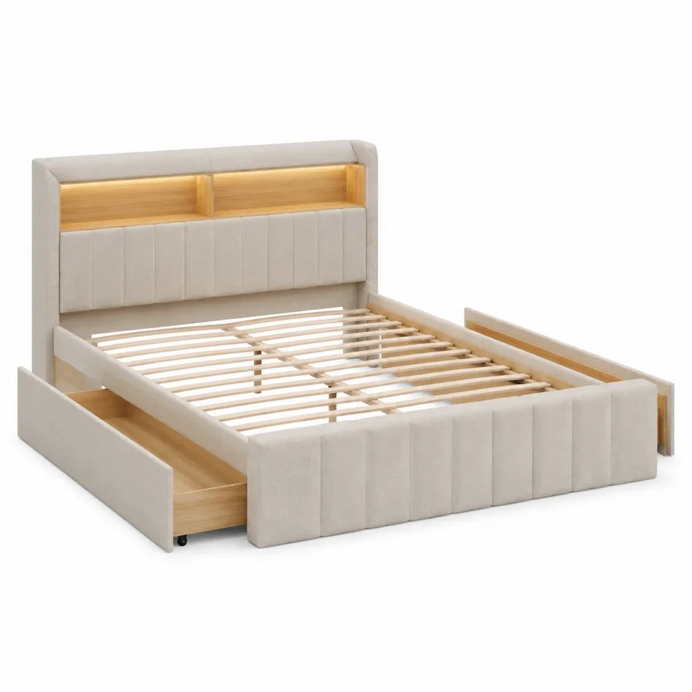 Cama tapizada con cajones y luz LED beige madera y poliéster 200x160 cm