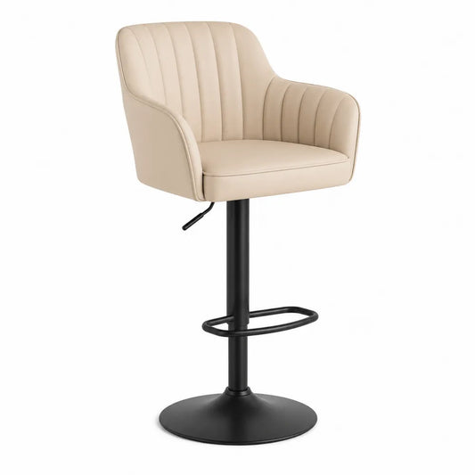 Taburete ajustable de piel sintética beige con base metálica negra