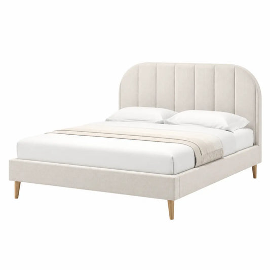 Cama tapizada en tela beige 200x150 cm con cabecera curvada