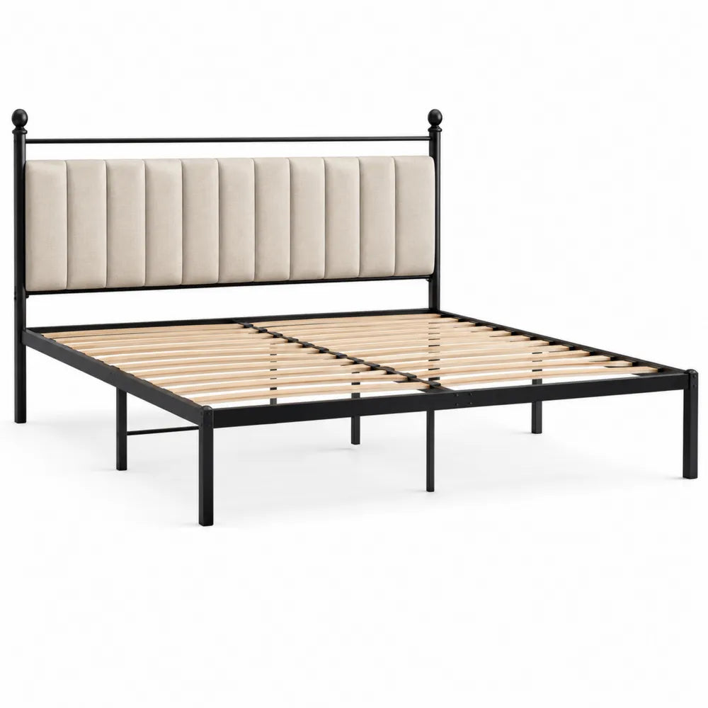 Cama metal negra con cabecero de lino beige 200x160 cm