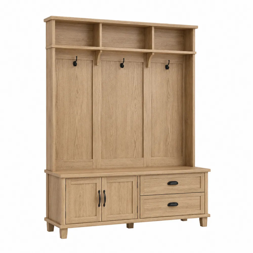 Perchero de madera de roble con estantes, ganchos y cajones 200x150x40 cm