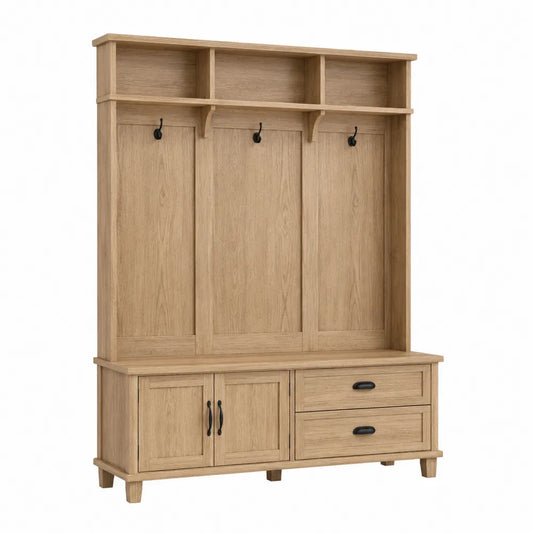 Perchero de madera de roble con estantes, ganchos y cajones 200x150x40 cm