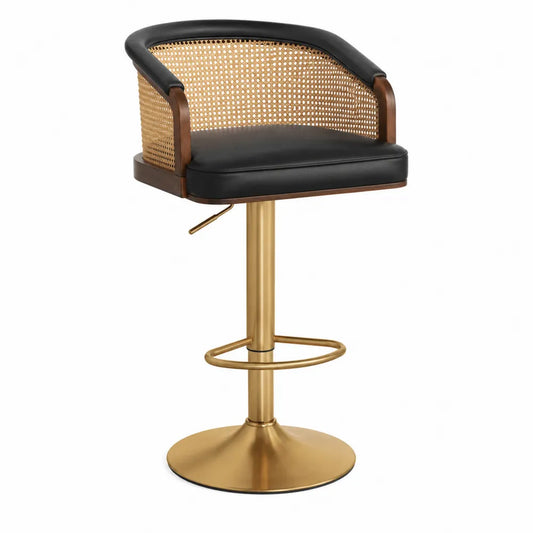 Taburete de bar de cuero sintético negro y ratán con base de metal dorado