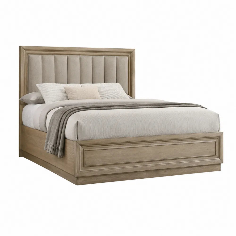 Cama de madera con cabecero de poliéster beige 200x160x120 cm