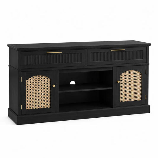 Mueble para TV de madera negra con paneles de mimbre 120x45x60cm