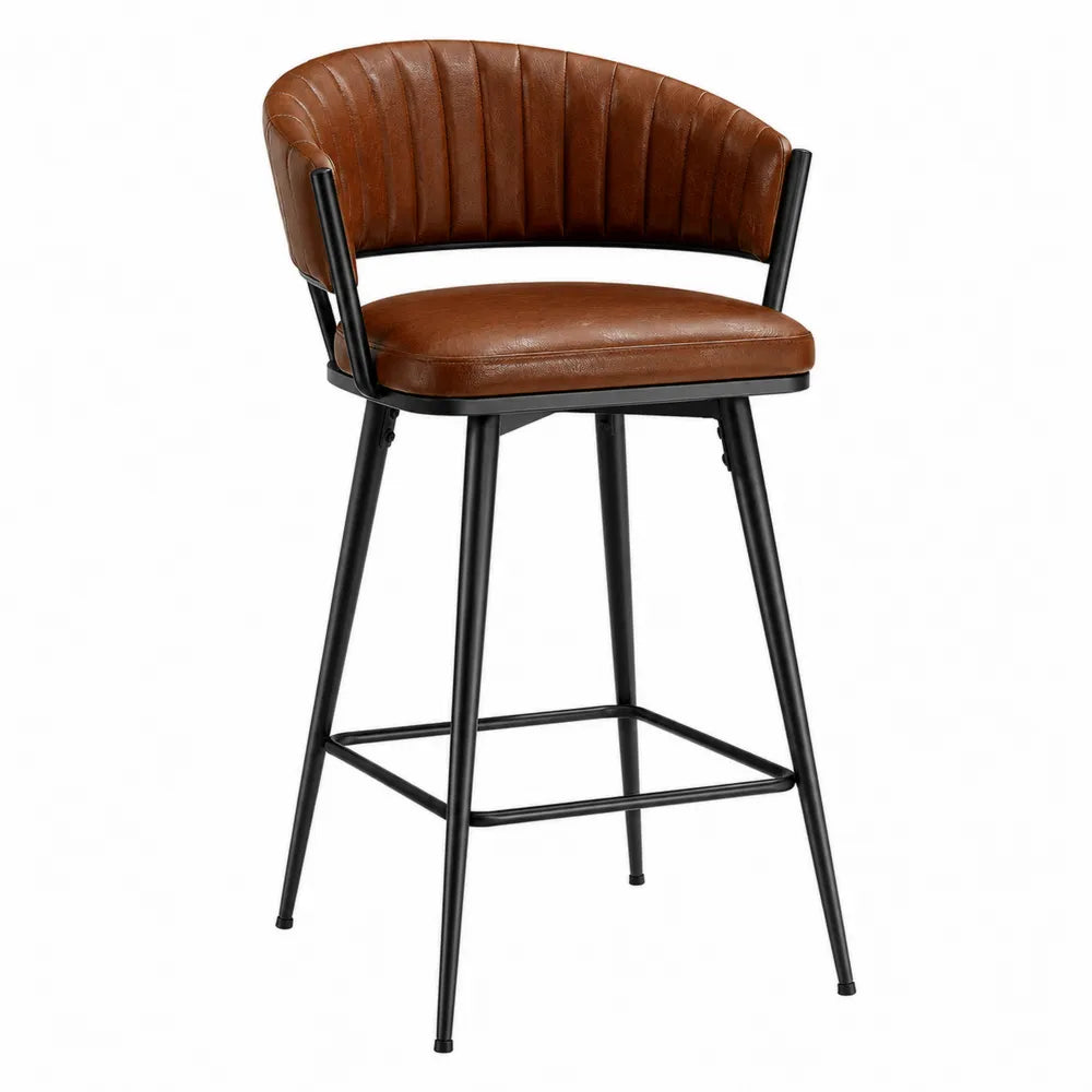 Silla de cuero sintético marrón con patas de acero negro