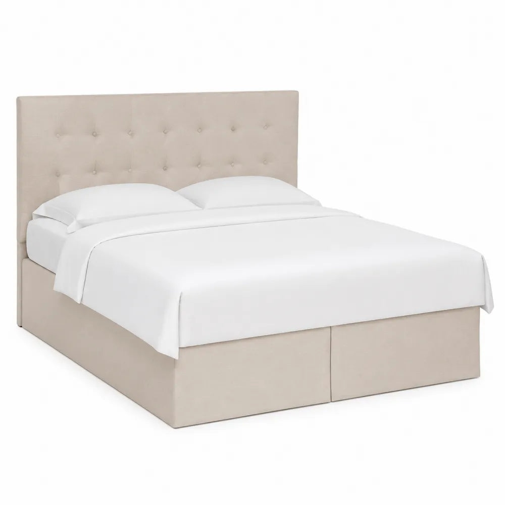 Cama tapizada de poliéster beige con cabecero acolchado 200 cm x 160 cm y almacenamiento