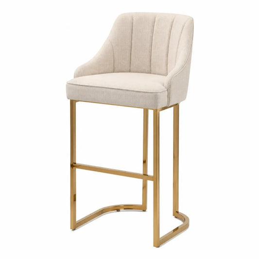 Taburete de bar beige con estructura de metal dorado