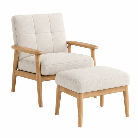 Sillón y taburete de madera y tela beige