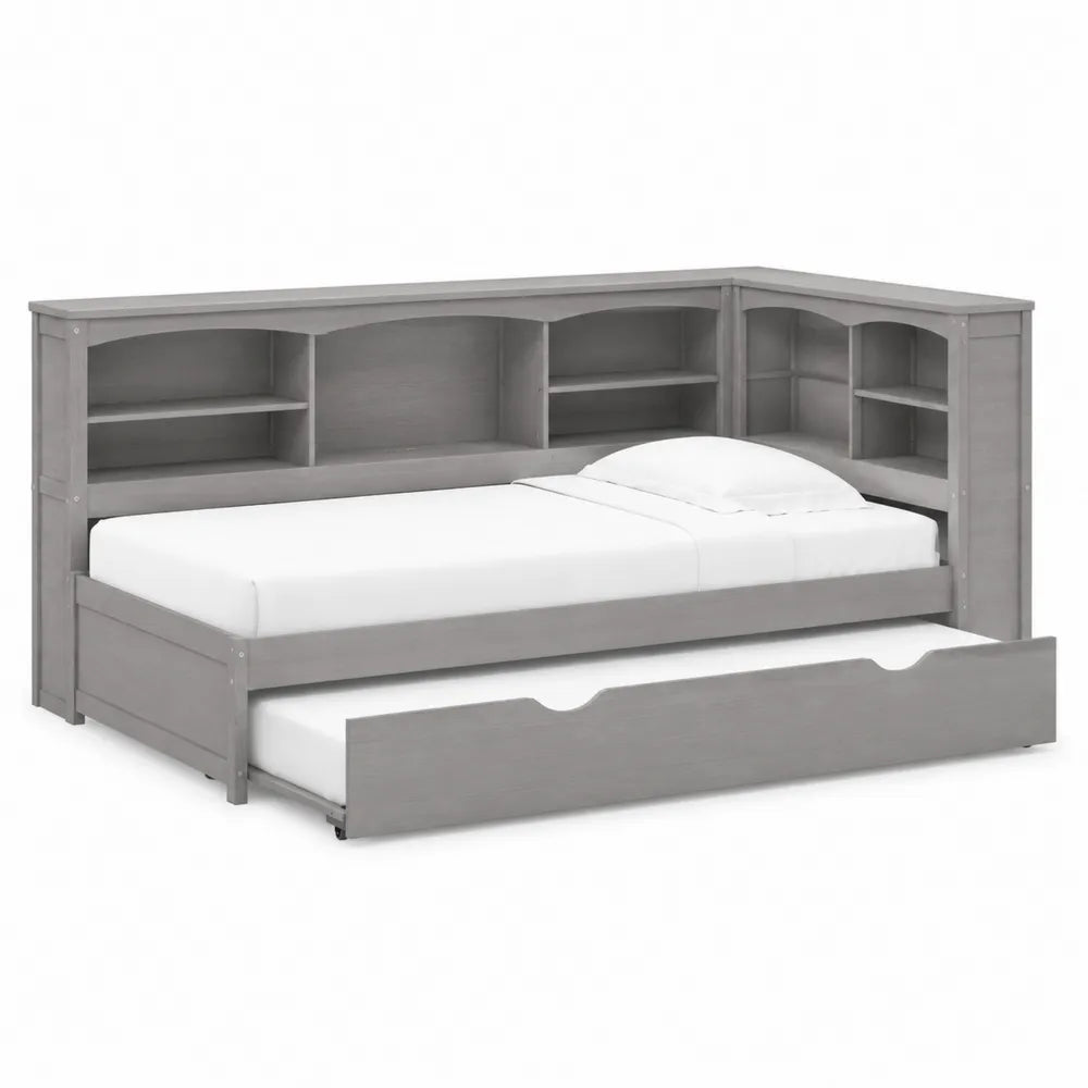 Cama nido de madera con estantería gris con colchón