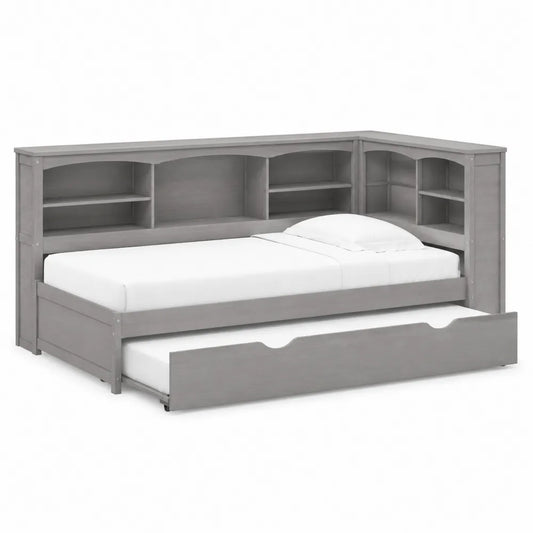 Cama nido de madera con estantería gris con colchón