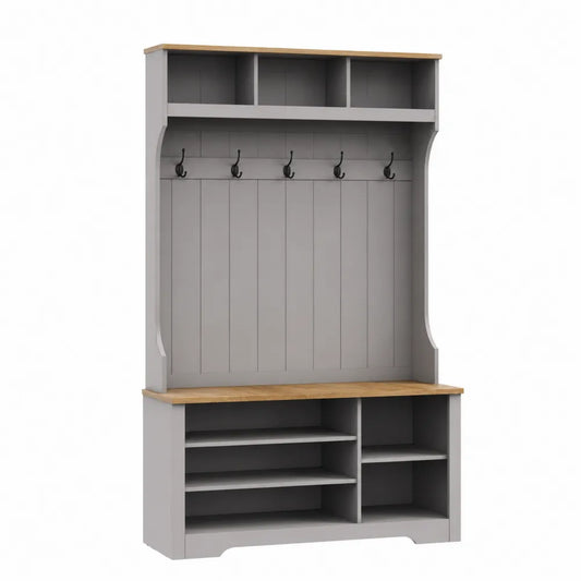 Mueble de entrada de madera y MDF con perchero gris
