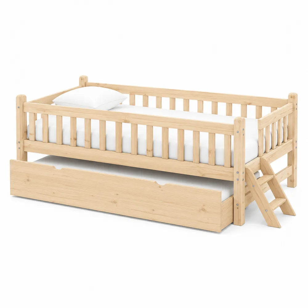Cama de madera de pino con cajón y escalera para niños