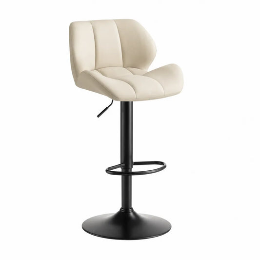 Taburete ajustable de cuero sintético beige con base de metal negra