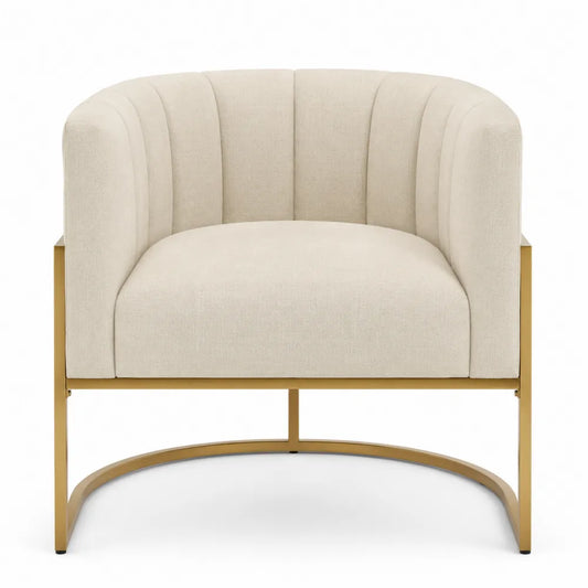 Silla de poliéster beige con estructura de metal dorado