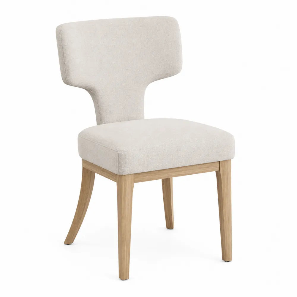 Silla de lino beige con estructura de madera de roble